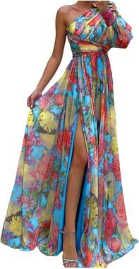 SooLinen One Shoulder Long Sleeve Slit Maxi Dress in Multi Floral, Size L